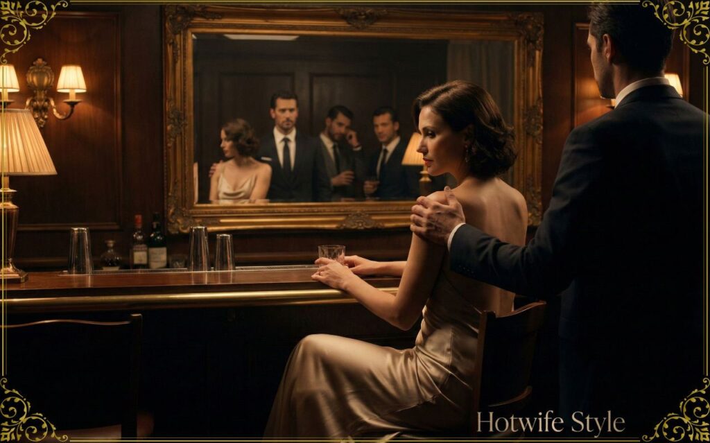 High-end cinematic photography, a sophisticated woman in a silk evening dress sitting at a luxury bar, mirror reflection showing subtle admiring glances from other men, the silhouette of her husband gently placing a hand on her shoulder in the foreground, moody amber lighting, theme of pride and secret intimacy, 8k resolution, elegant noir aesthetic.