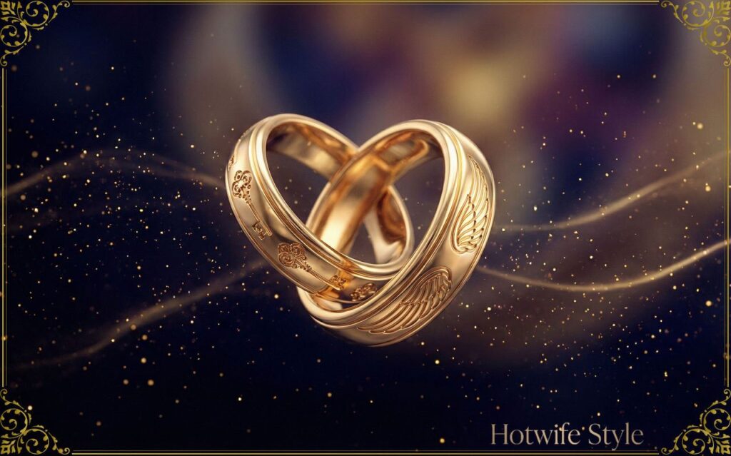 Conceptual art of two intertwined gold rings, one engraved with a delicate key pattern, the other with elegant bird wings, floating in a dark ethereal space with sparkles of light, representing the harmony of protection and freedom, luxury jewelry aesthetic, soft focus, sophisticated atmosphere.