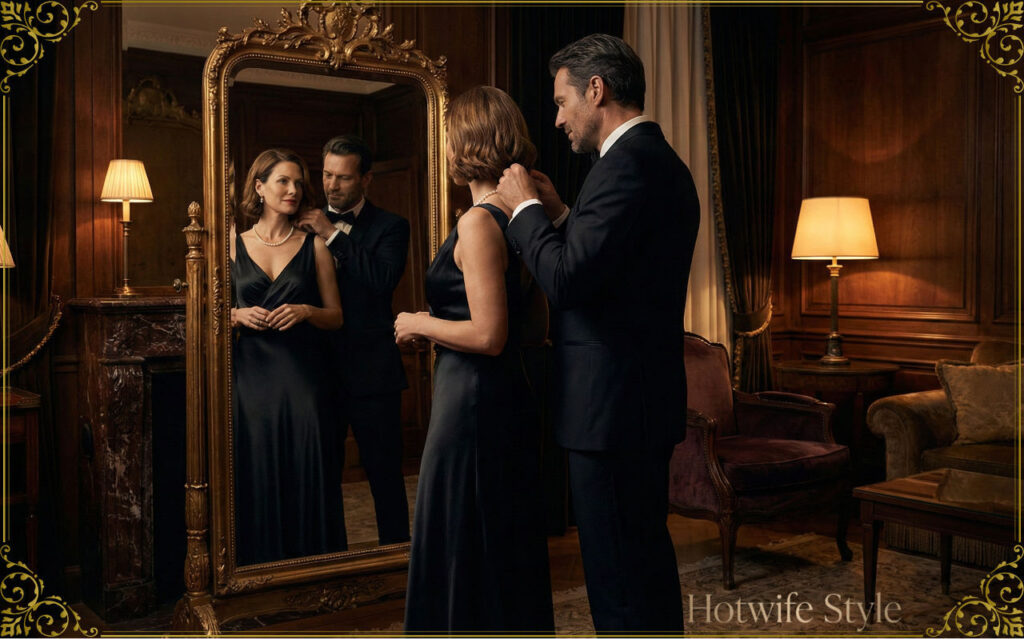 High-end cinematic photography. A sophisticated couple in a luxury dark-toned hotel suite. A beautiful woman in her 40s in a black silk evening gown stands before a classic ornate mirror. A handsome, dignified man in a tuxedo stands behind her, gently fastening a pearl necklace on her neck. Their eyes meet in the mirror reflection with a secret, intense, and intellectual bond of mutual trust. Warm ambient lighting, soft focus background, deep shadows, rich textures, 8k resolution, elegant atmosphere.
