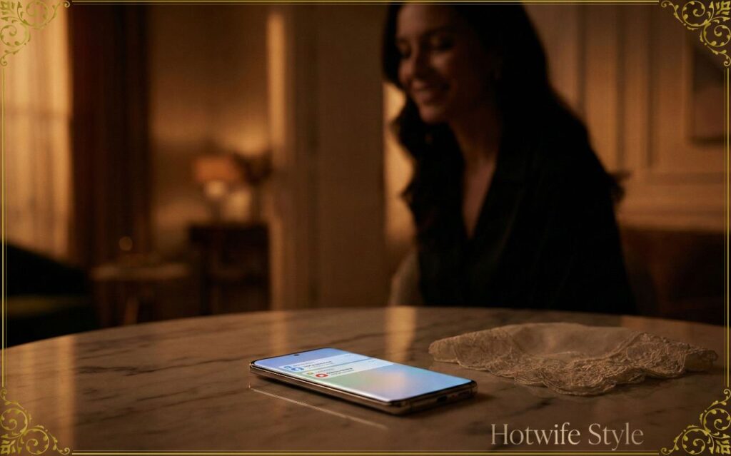 High-end lifestyle photography. A glowing smartphone on a marble table with notification icons. An elegant lace handkerchief nearby. In the background, a soft-focus silhouette of a woman smiling faintly. Amber moody lighting, luxury apartment atmosphere, cinematic,