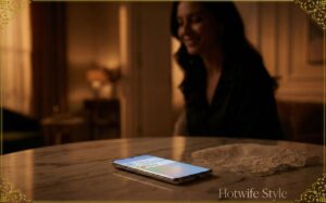 High-end lifestyle photography. A glowing smartphone on a marble table with notification icons. An elegant lace handkerchief nearby. In the background, a soft-focus silhouette of a woman smiling faintly. Amber moody lighting, luxury apartment atmosphere, cinematic,