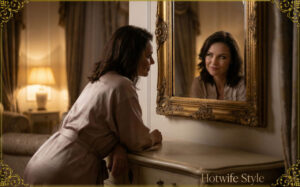 A sophisticated woman in her 40s looking into a large, elegant wall mirror in a dimly lit, luxurious bedroom. The reflection shows her with a confident, slightly mischievous smile and glowing eyes. High-end interior, cinematic lighting, soft focus background, dreamy atmosphere.