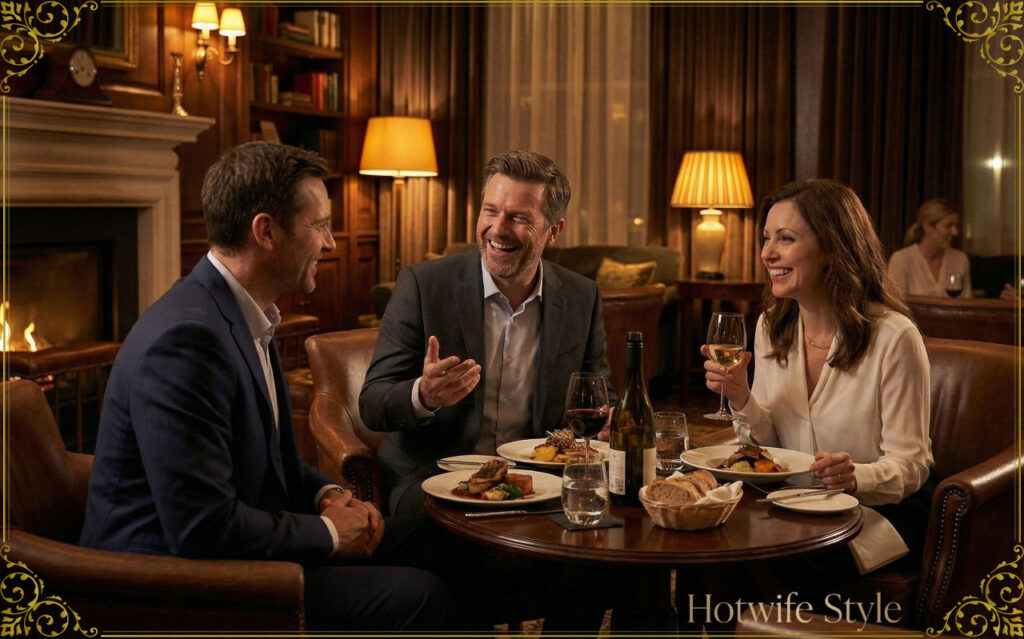 A cinematic scene in a luxury hotel lounge with warm amber lighting. Three adults (two men, one woman) are having a deep, serious but hopeful conversation over cocktails. The man is looking at his wife with deep empathy. The atmosphere is intellectual and emotional. Rich textures, dark wood, sophisticated mood.