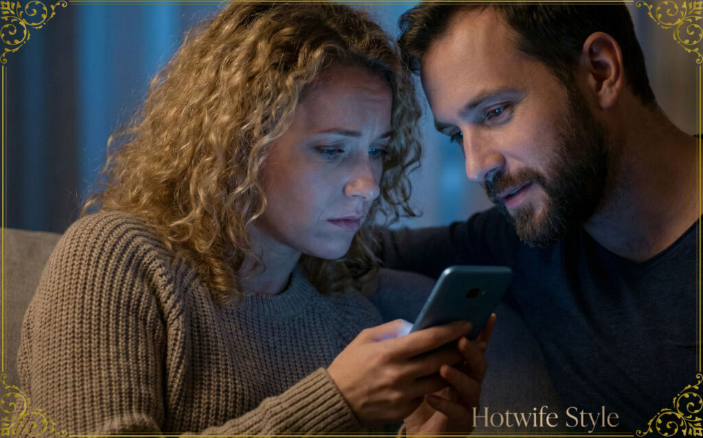 An intimate, close-up shot of a american wife tentatively showing a smartphone screen to her husband on a sofa at night. She looks ashamed and nervous, her body slightly turned away, fingers holding the phone delicately. The husband leans in gently to look, his expression calm and receptive. The scene is illuminated primarily by the cool, blue glow of the smartphone screen, highlighting their emotional faces. High tension, vulnerability, emotional photography.