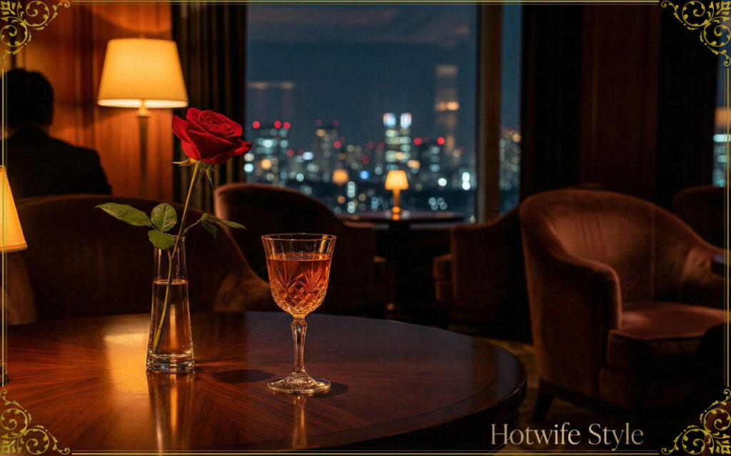 A luxury bar lounge atmosphere at night. Focus on a single red rose and a crystal cocktail glass on a polished dark wood table. In the background, a large window reveals a sparkling city night view. Elegant, moody lighting, amber glow, sophisticated stillness, "Vogue" aesthetic, 8k, photorealistic.
