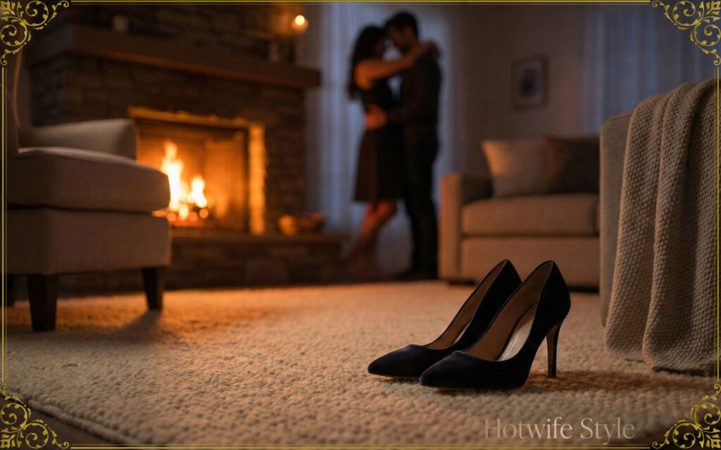 Symbolic and emotional scene. A pair of elegant high heels placed neatly on a plush rug in a warm, dimly lit room with a fireplace glow. In the soft-focus background, the silhouette of a couple embracing gently. Atmosphere of absolute safety, return, and profound love. Cinematic lighting, soft shadows, 8k, hyper-realistic.
