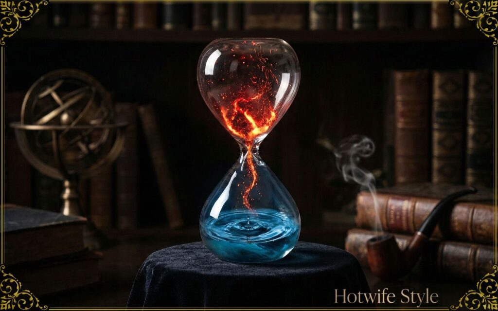 An artistic hourglass where the sand falling from the top is glowing red embers, and the sand at the bottom turns into calm blue water. Dark background, mystical and intellectual atmosphere, high contrast, surreal photography style.