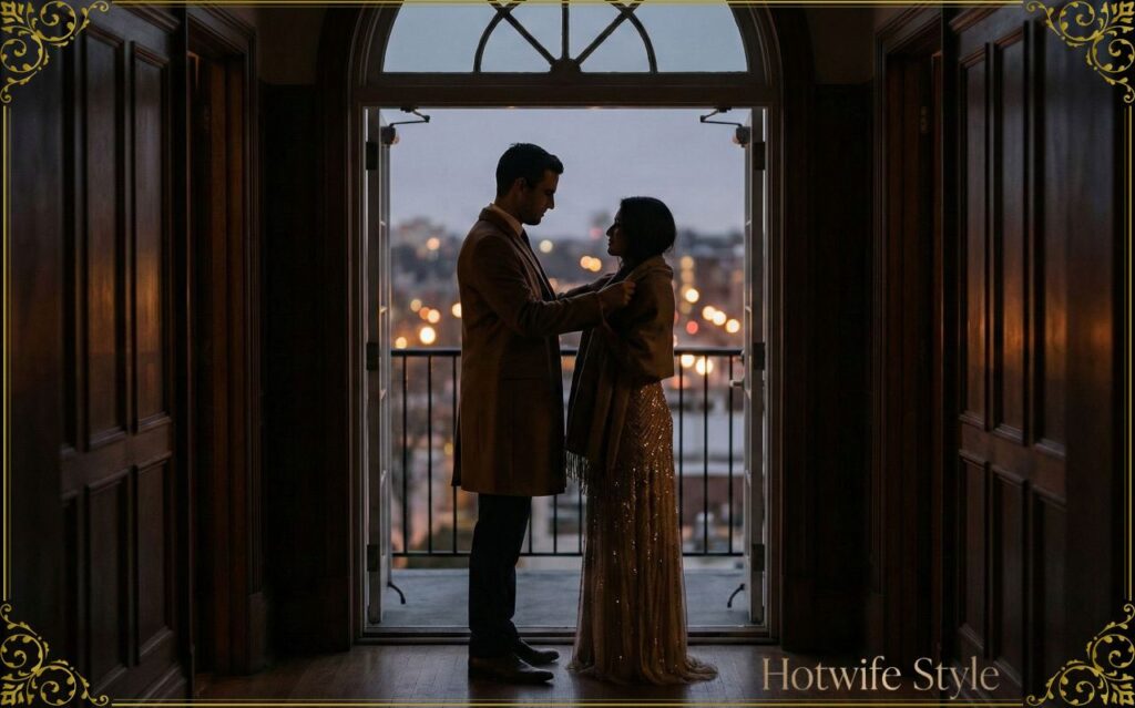 A silhouette of a man putting a luxury coat on an elegant woman in a shimmering evening dress. They are standing at the entrance of a dark, stylish hallway. Soft light from the city outside the door. Romantic, protective, and mysterious atmosphere. Symbolic of a "Knight" and a "Goddess."