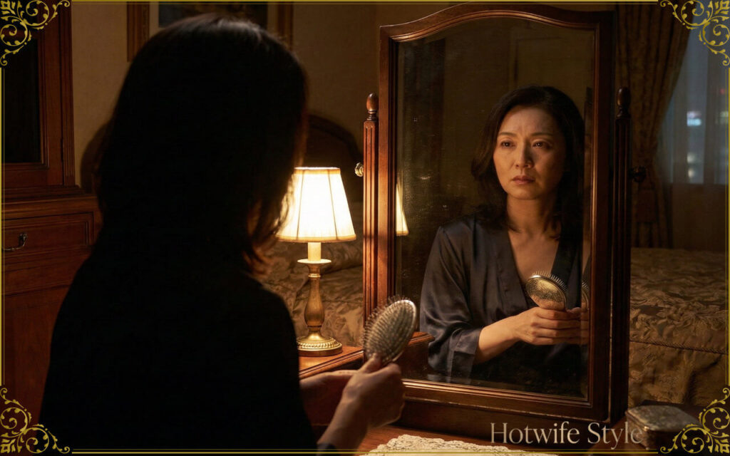 A beautiful Japanese woman in her 40s sitting in front of a vanity mirror at midnight. Dim, warm lighting, elegant silk nightgown. She is looking at her reflection with a mix of melancholy and hidden passion. High contrast, cinematic lighting, photorealistic, 8k, luxury atmosphere.