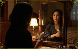 A beautiful Japanese woman in her 40s sitting in front of a vanity mirror at midnight. Dim, warm lighting, elegant silk nightgown. She is looking at her reflection with a mix of melancholy and hidden passion. High contrast, cinematic lighting, photorealistic, 8k, luxury atmosphere.