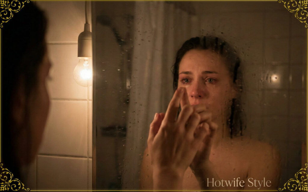 A woman looking at herself in a foggy bathroom mirror, touching the glass with one finger. Dim lighting, melancholic atmosphere, focus on her eyes reflecting in the mirror, soft bokeh, high detail.